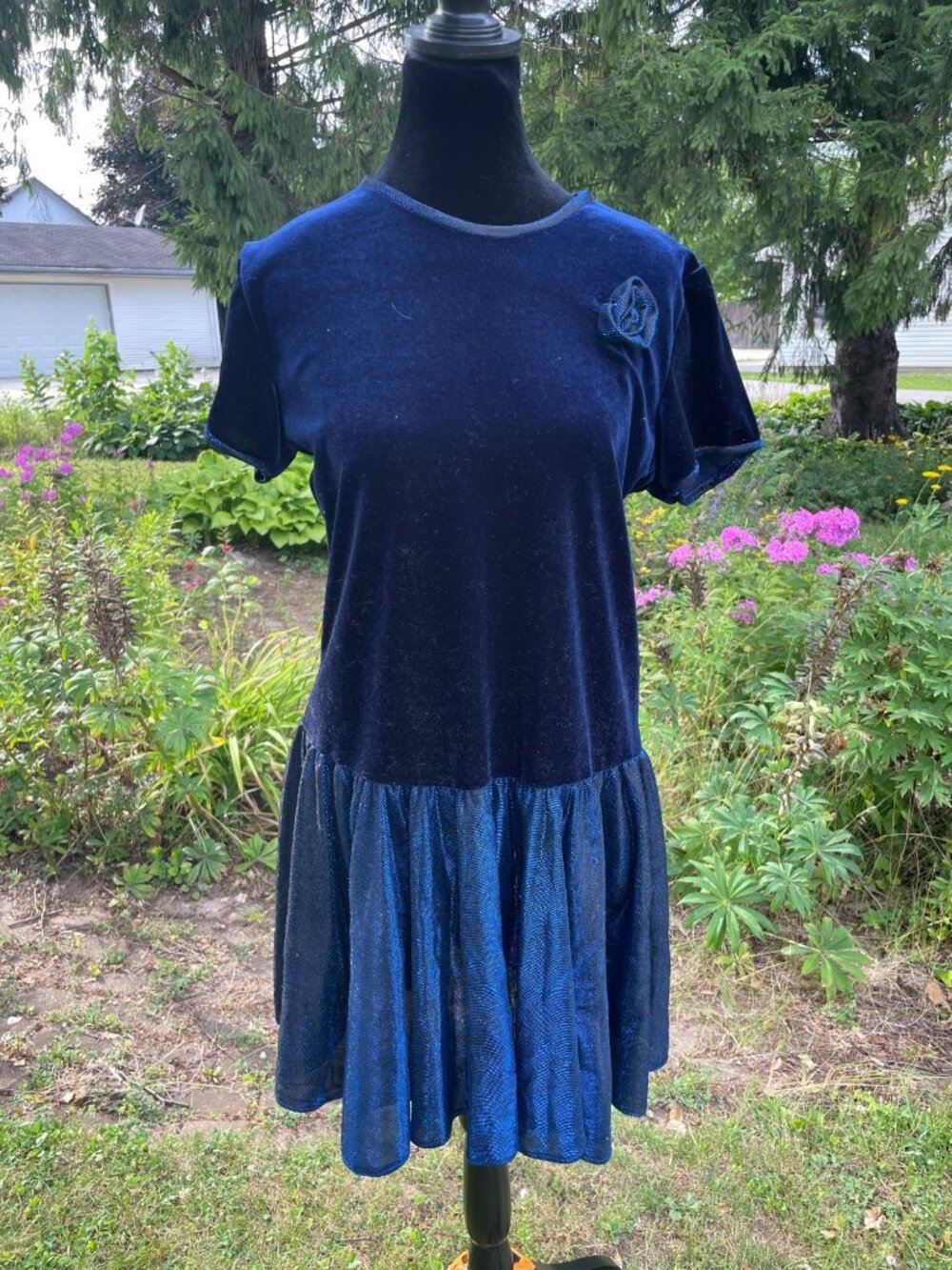 VTG 80s Dress Navy Velvet Hoco  Bow Drop Waist Shiny Prom S M Handmade Formal